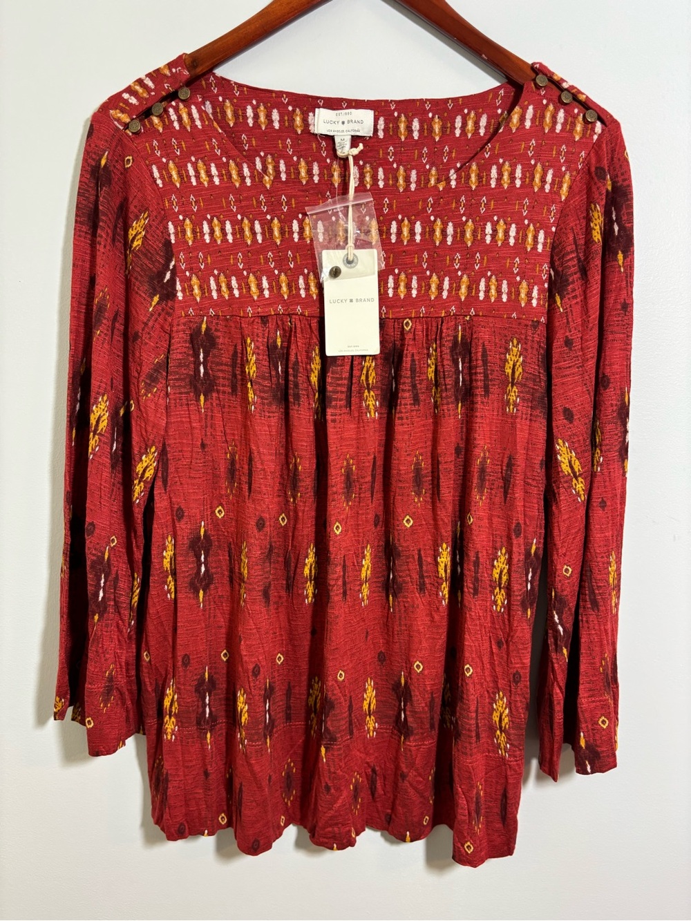 NWT Burnt Orange Top Viscose Lucky Brand Ikat Boho Fall Tunic Flowy M - Picture 7 of 8